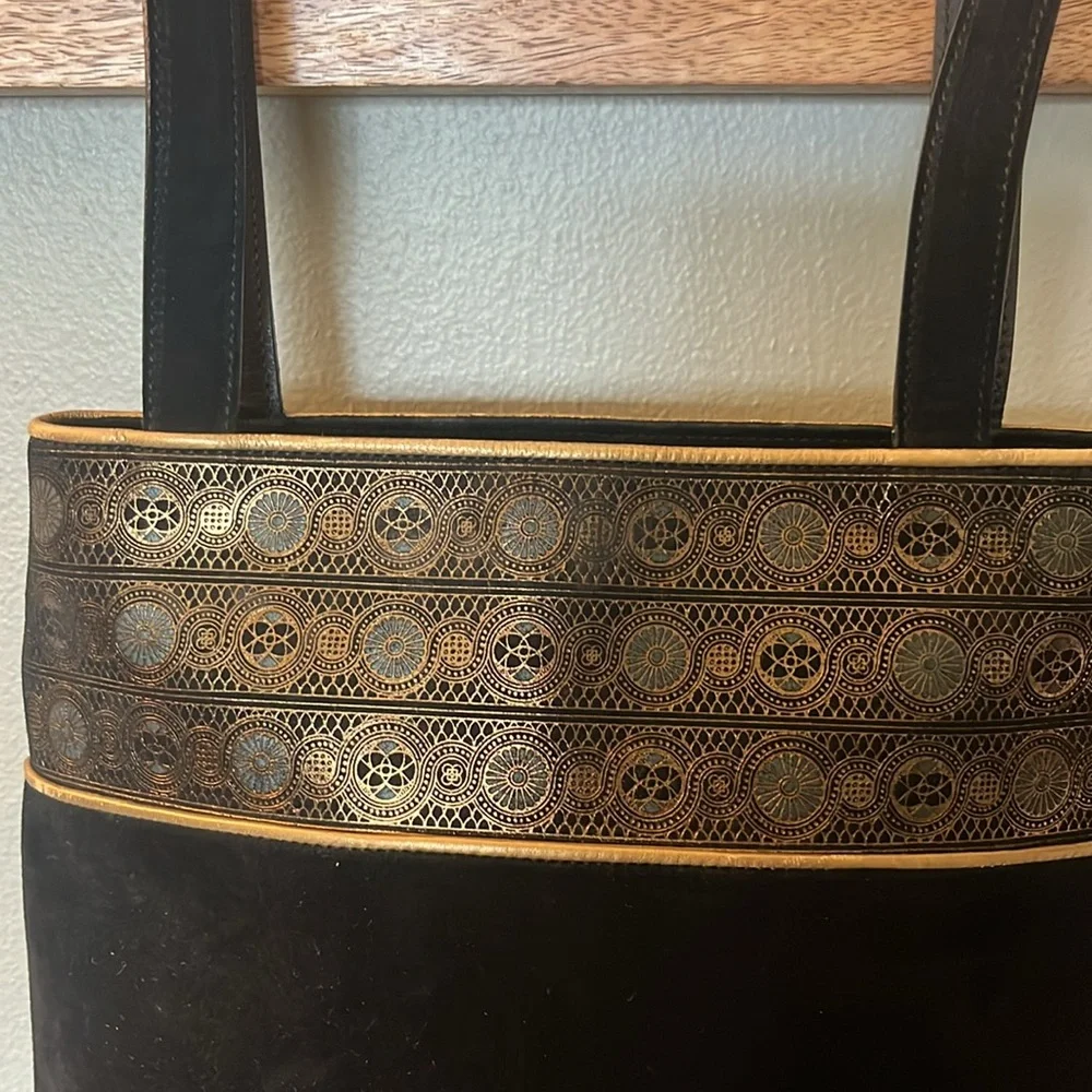 Salvatore Ferragmo Elegant Black Suede Bucket Shoulder Bag w Gold Accents EUC